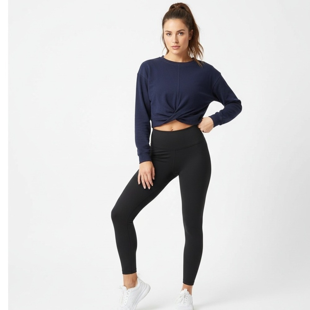 Qinsen Navy Twist Front Cropped Sweatshirt XL Long Sleeve Pullover Top‎
